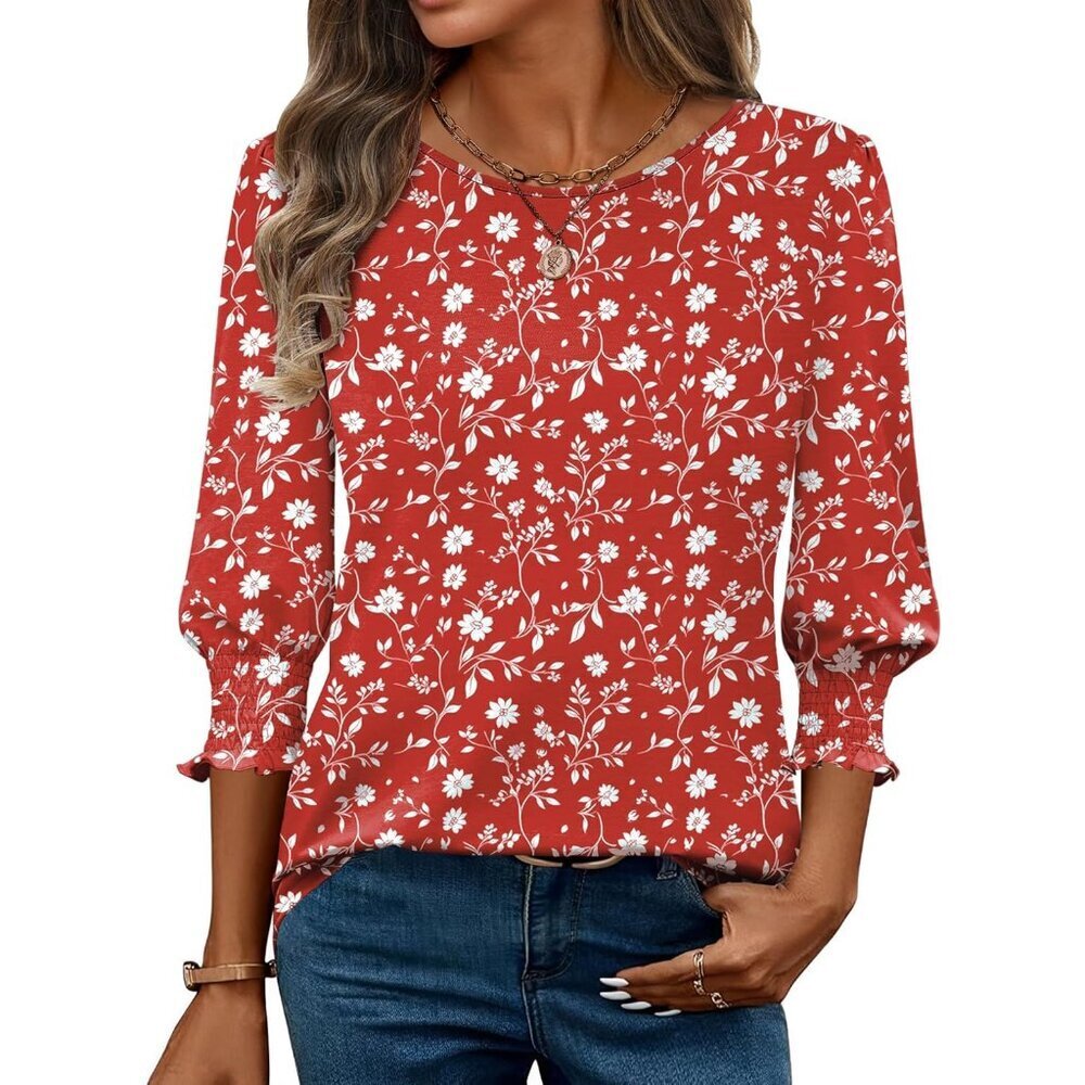 Women’s Pleated Blouse 3/4 Sleeve Polyester Spandex Dressy Casual Top